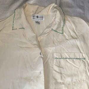 Oversize off white shirt unisex with rhistones turquoise 100 % silk XL